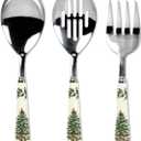 Spode Christmas Tree 3-Piece Stainless Steel Cutlery Set - Porcelain Handle Flatware with Meat Fork, Serving Spoon, & Slotted Spoon - Holiday Silverware for Christmas Dinners & Seasonal Gatherings