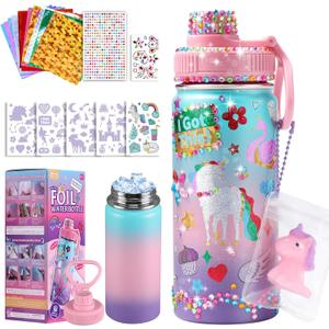 JMMICO Decorate Your Own Water Bottle Kits for Girls Age 4-6-8-10 (Stainless Steel),Unicorn Crafts Kits, Foil Arts and Crafts Gifts, Easter and Birthday Gifts for Girls