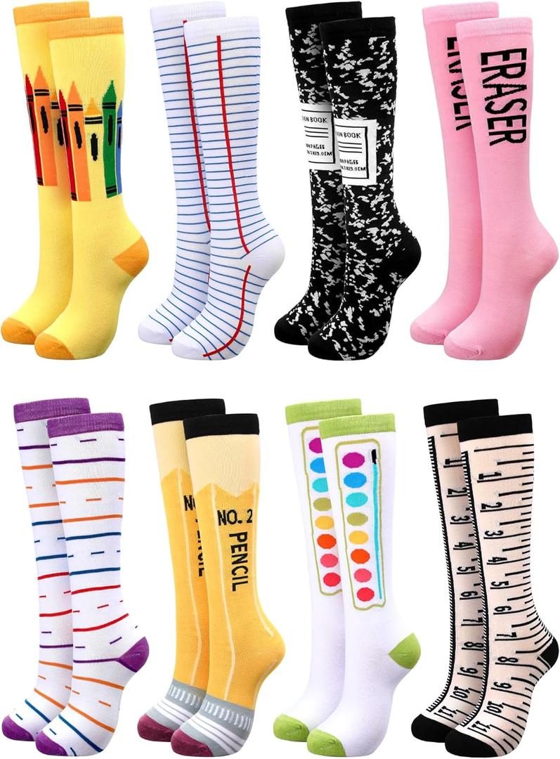 8 Pairs Halloween Crayon Costume Socks Funny Pencil Rainbow Knee High Stockings for Women Girls (Classic Color) 6-11