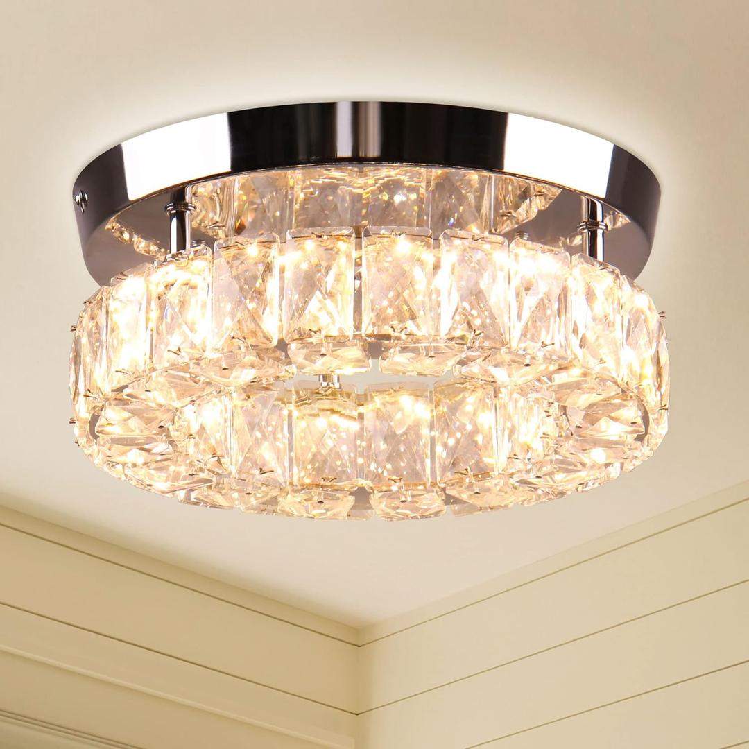 YPQXYHDA Dimmable Modern Crystal Chandeliers LED Ceiling Light with Remote Flush Mount Small Chandelier for Hallway Foyer Kitchen, Stair, Closet, 3 Colors Adjustable, Memory Function