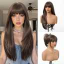 testar Long Dark Brown Straight Wigs With Bangs Long Brown Mixed Blonde Highlights Synthetic Layered Wigs for Women Daily Use 26IN