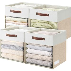Bagnizer Storage Cubes, 4 Pack Linen Foldable Storage Bins (13 x 13 inch) with Clear Window and Handles, Fabric Organizer for Shelf Closet, Clothes, Books - (Beige and White)