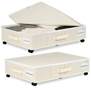 Vincona Under Bed Storage with Wheels, 2 Pack Under Bed Storage Containers with Label Holders for Clothes, Shoes and Blankets, Rolling Underbed Shoe Organizer with Cover, Beige (30.71x15.7x7.28 in)