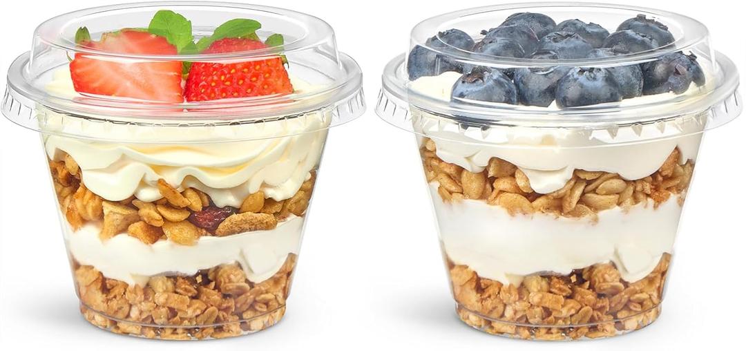 50 Pack 6 oz Plastic Dessert Cups with Lids, Small Plastic Yogurt Parfait Cups, Mini Round Party Serving Cup for Pudding, Fruit, Cake, Appetizer, Dessert Shot Glasses