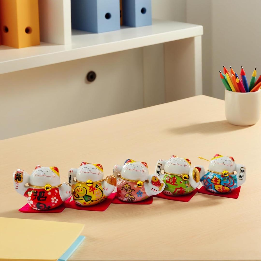 Lucky Statue Cat Chinese Ceramic Figurines Set,5 Mini Fortune Cats Set Decor, Small Desk Ornament, Asian Idea Collection with PVC Gift Box