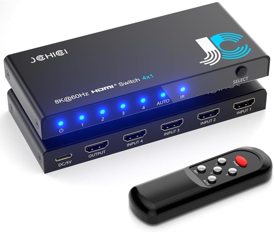 HDMI 2.1 Switch 4 in 1 Out 8K@60Hz 4K@120Hz, 4 Ports HDMI Switcher Splitter Selector with Remote, Support HDCP 2.3 HDR 10+ Dolby Vision/Atmos 48Gbps CEC for Apple TV Game PC PS Pro Xbox Roku