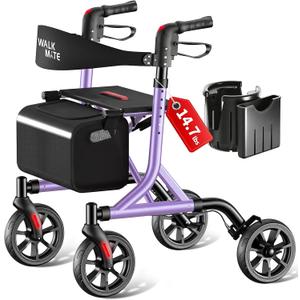 WALK MATE Rollator Walker for Seniors with Cup Holder, Upgraded Thumb Press Button for Height Adjustment, 8 Inch Wheels Walker with Seat Folding 14.7lb Lightweight Walking Aid, 300 lb Capacity, Purple