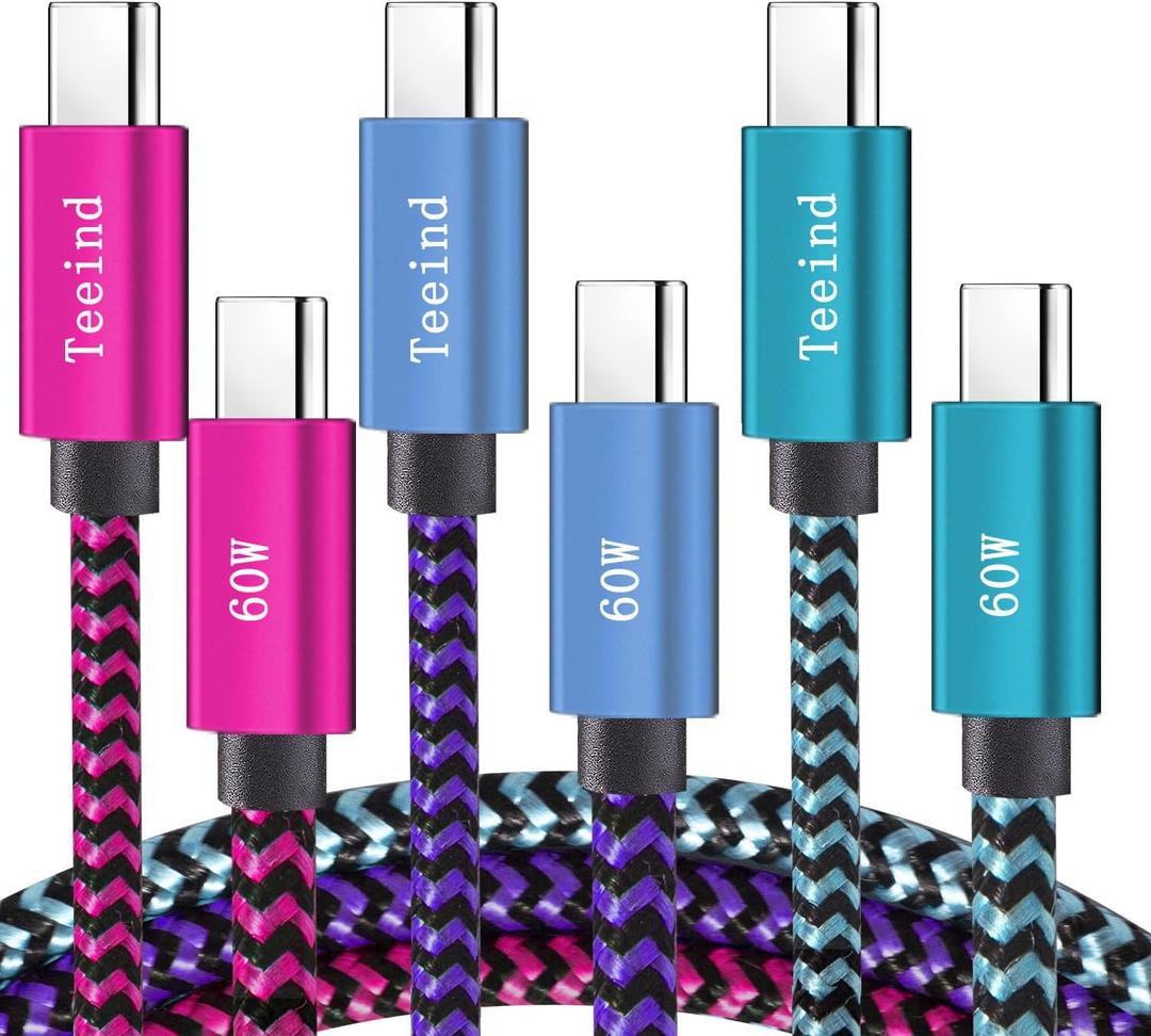 Teeind Type C Cable Fast Charging, Tpc002 3 Pack(3Ft/0.9M 60W) C to Type C Charger Nylon Braided Cord Compatible with iPhone 17/17 pro, 16/16 pro, MacBook, Samsung Galaxy S25/24/23/22, for Daily Use