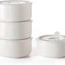 Large Ceramic Bowls with Lids: 32 oz Microwave Safe Food Storage Containers for Soup Salad Meal Prep Lunch Picnic Camping - 6 Inch, Set of 4 (White)