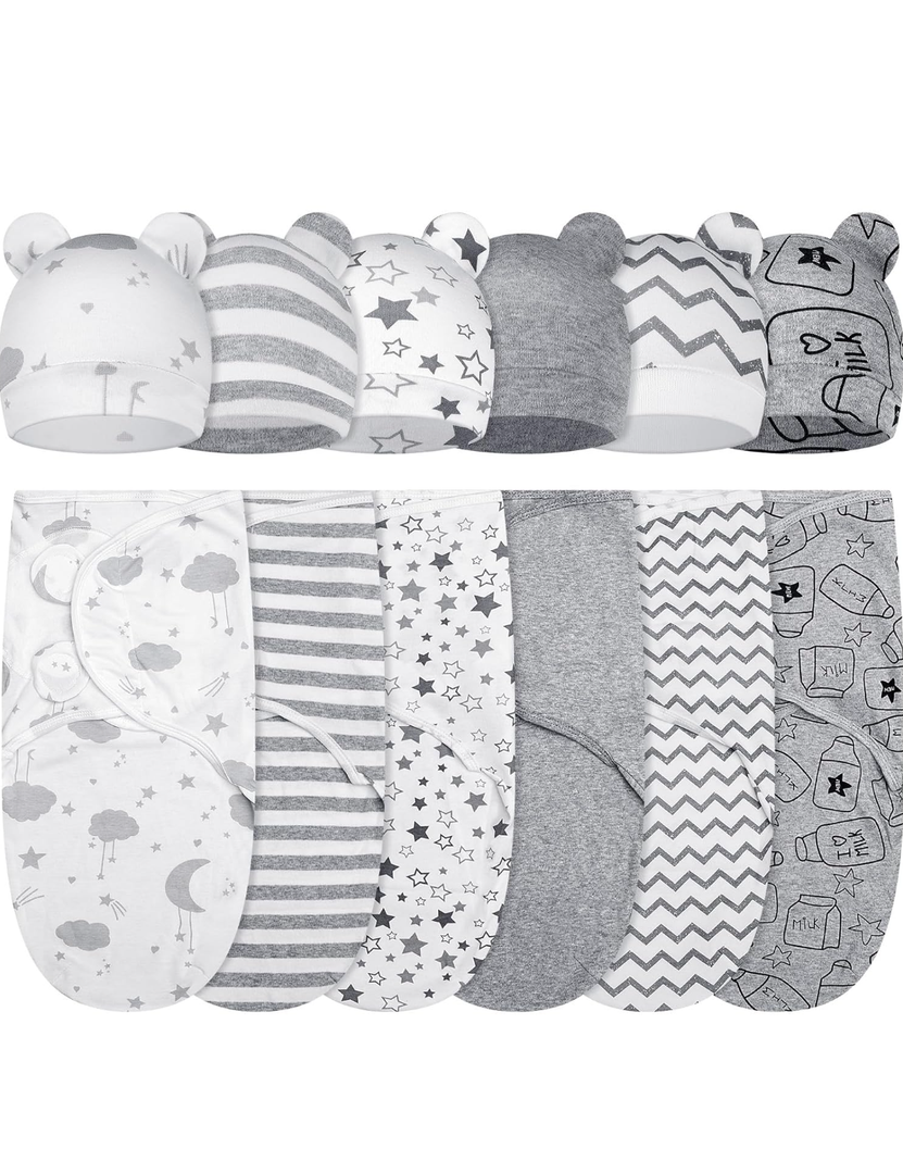 Ramede 6 Pack Baby Swaddle Blanket with Hats Sleep Swaddle for 0-3 Months Newborn Sacks Soft Cotton Wearable for Boy Girl