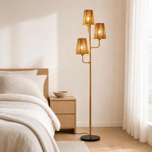 XZHGCEE Rattan Floor Lamp for Living Room:3 Light Boho Floor Lamp for Bedroom, Gold Standing Lamp with Foot Switch, Coastal Rustic Tall Lamp, No Bulb
