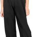 WDIRARA Girl's Paper Bag Waist Belted Wide Leg Pants Casual Elastic High Waist Pants (Black, 16Y)