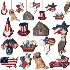 Karenhi 36 Pcs 4th of July Patriotic Ornaments Memorial Day Tree Decorations Red White Blue America Wooden Ornament Star Gnome Wood Cutout 250th Anniversary Decor for Tree Home Wreath Crafts(Vintage)