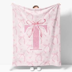 Coquette Pink Bow Throw Blanket,Personalized Initial T Soft Fluffy Cozy Flannel Blanket,Monogrammed Gifts for Daughter Women Teen Girls,Customized Blanket for Bedding Bedroom Office,50x60 Inches
