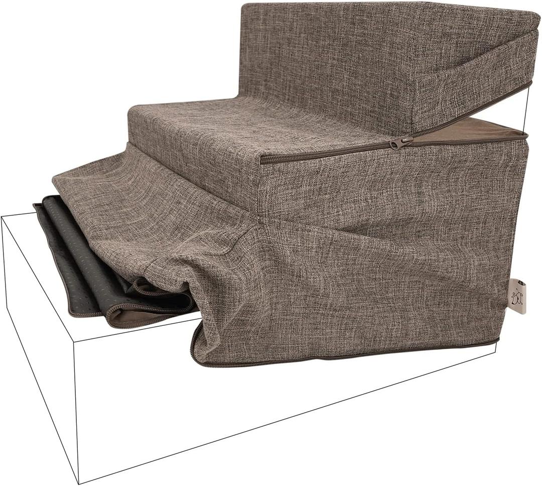 Best Pet Supplies Non-Slip Foam Dog Stair & Pet Ramp, Balanced Indoor Step Support - Foldable Stair Cover, Brown Linen, 3-Step (3-Step (H: 16.5"))