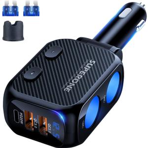SUPERONE 180W Cigarette Lighter Splitter with 20W PD, 2-Socket Cigarette Lighter Adapter, Fast USB C Car Charger with Type-C 20W PD & QC 3.0 for Dash Cam, GPS, iPad/Laptop/iPhone 17/16/15/14/Samsung