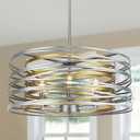 23.6'' Large Vintage Round Chandelier, 6-Light Modern Farmhouse Lantern Chandelier, Antique Double Drum Chandelier for Dining Room Entryway Kitchen Island Foyer, Silver with Gold Interior
