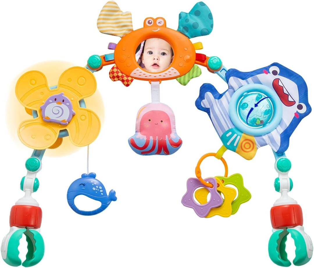Adjustable Baby Stroller Arch Toy, Car Seat Toys for Infants 6-12 Months Bassinet Hanging Toy Bar Attachment with Mirror & Sound, Crib Comfort Gift for Birthday, Baby Shower