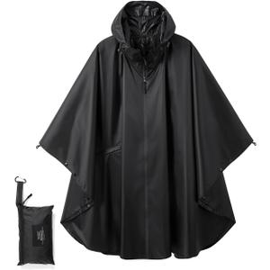 Fashion Hooded Rain Poncho Waterproof Raincoat Jacket with pocket for Women/Men/Adult (One Size, Black)