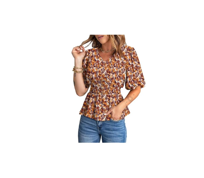 Dokotoo Womens Floral Print Ruffle Half Sleeve Blouses V Neck Decorative Buttons Elastic Waist Casual Summer Tops S