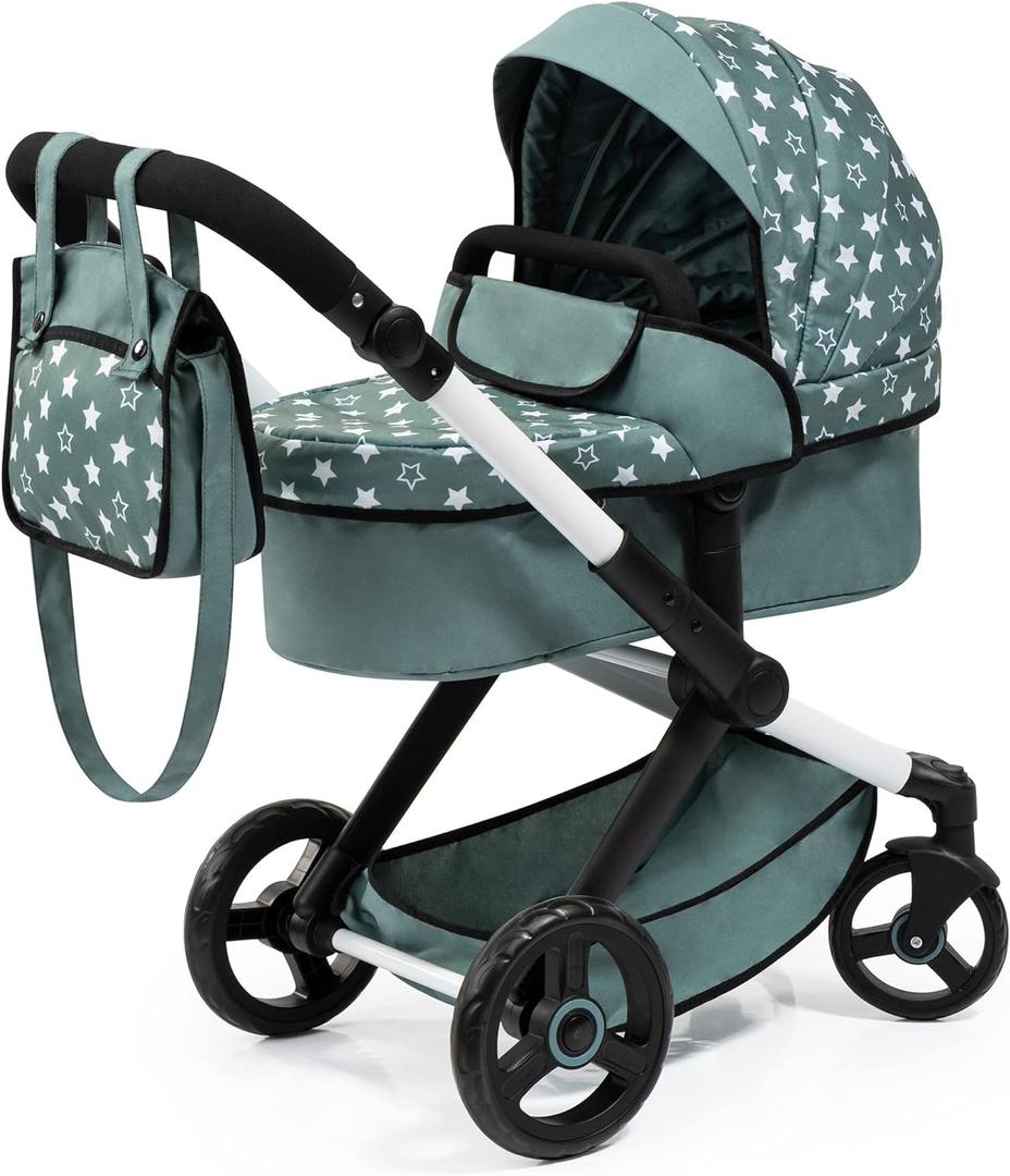 Bayer Doll Stroller Xeo: Realistic Baby Pram for Kids, Green Stars with Handbag, Ages 3+