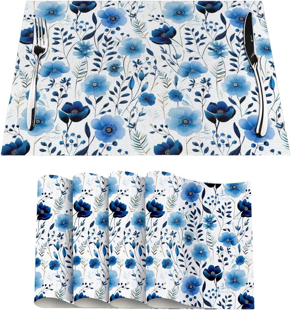 Blue Floral Watercolor Linen Placemats Set of 4, 12" x 18" Heat Resistant Washable Boho Blue Table Mats for Dining Table Kitchen Party Outdoor, Elegant Home Decor & Gift for Floral Nature Enthusiasts