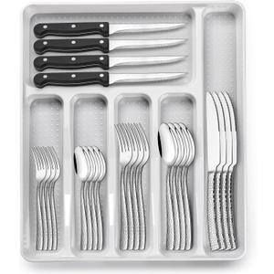 49-Piece Hammered Silverware Set with Organizer, Heavy Duty Stainless Steel Wave Flatware for 8, Cutlery Utensil Sets with Steak Knives, Rust-proof, Mirror Polished, Dishwasher Safe