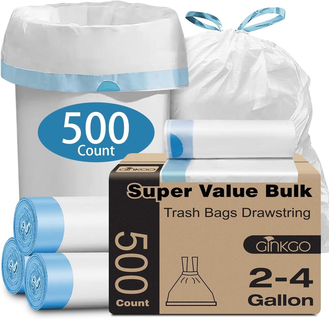 Small Trash Bags 2-4 Gallon, 500 Count Super Value Bulk Drawstring Garbage Bags, Mini Plastic Trash Bags for Bathroom, Office, Bedroom, Wastebasket Trash Can Liners