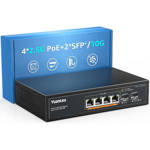 YuanLey 6 Port 2.5G PoE Switch Unmanaged, 4 x 2.5G Base-T PoE Ports, 2 x 10G SFP, IEEE802.3af/at, 78W, Compatible with 100/1000/2500Mbps, Metal Fanless, Desktop/Wall Mount 2.5Gbe Network Switch