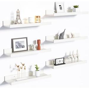 upsimples Floating Shelves for Wall, Wall Shelves for Decor Storage Set of 6, Wall Mounted Wood Shelf for Bedroom, Living Room, Bathroom, Kitchen, Picture Ledge Shelf, White