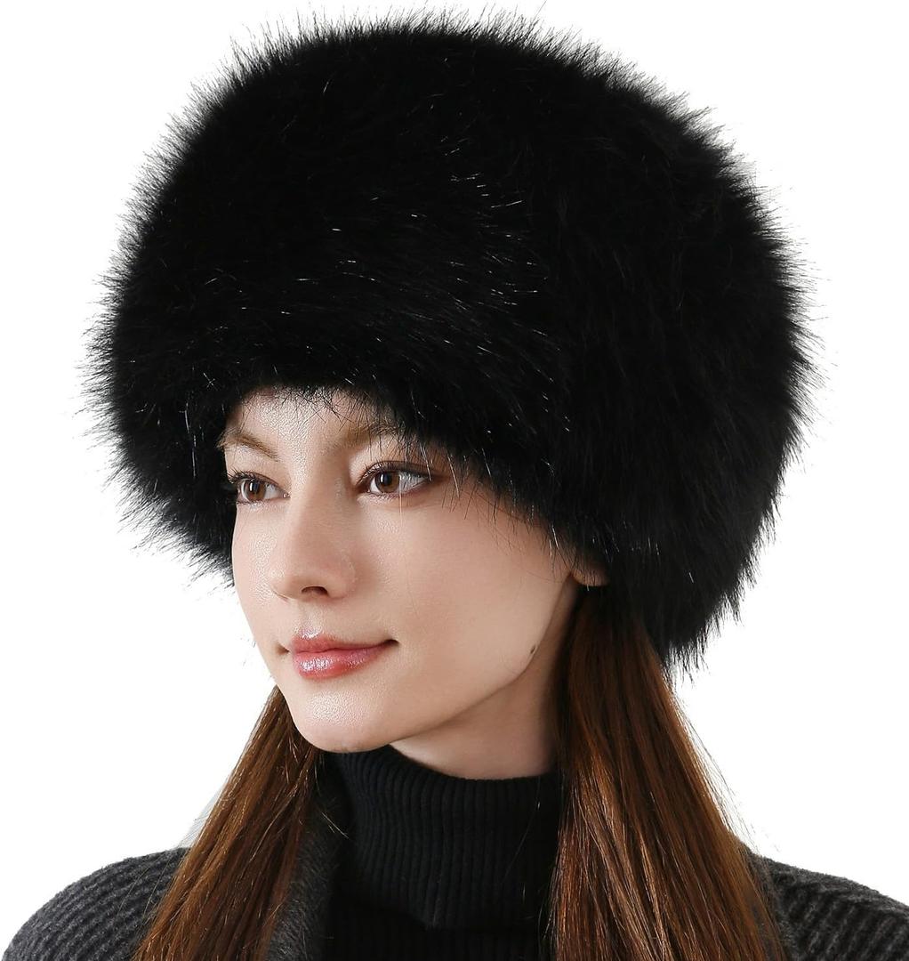 Dikoaina Faux Fur Cossack Russian Style Hat for Ladies Winter Hats for Women (Black, M)