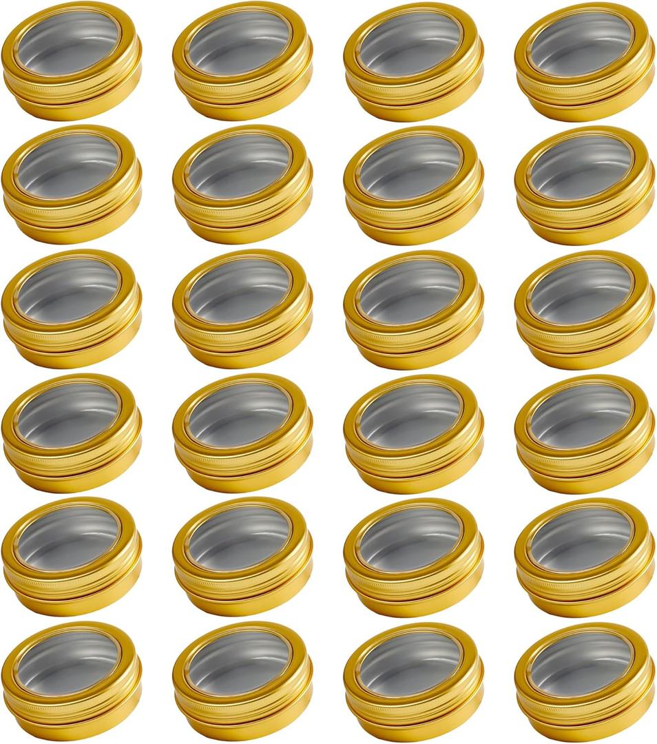24 Pack 2 Ounce Screw Top Aluminum Tin Jar with Screw Clear Lid and Blank Labels, Refillable 60ml Metal Containers for Lip Balms, Candles, Salves, Spices, Crafts (Gold)