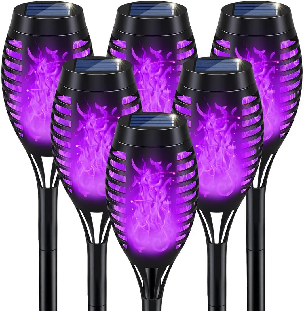 IkeeRuic Halloween Decorations Outdoor, Purple Halloween Solar Lights with Flickering Flame, Solar Torch Lights for Yard Decorations, Waterproof Outdoor Lighting for Garden Pathway Patio Outside Decor (6Pack)