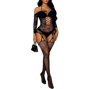 Buitifo Womens Fishnet Bodystocking Plus Size Bodysuit Sexy Tights Soft Nightwear Lingerie (Black)
