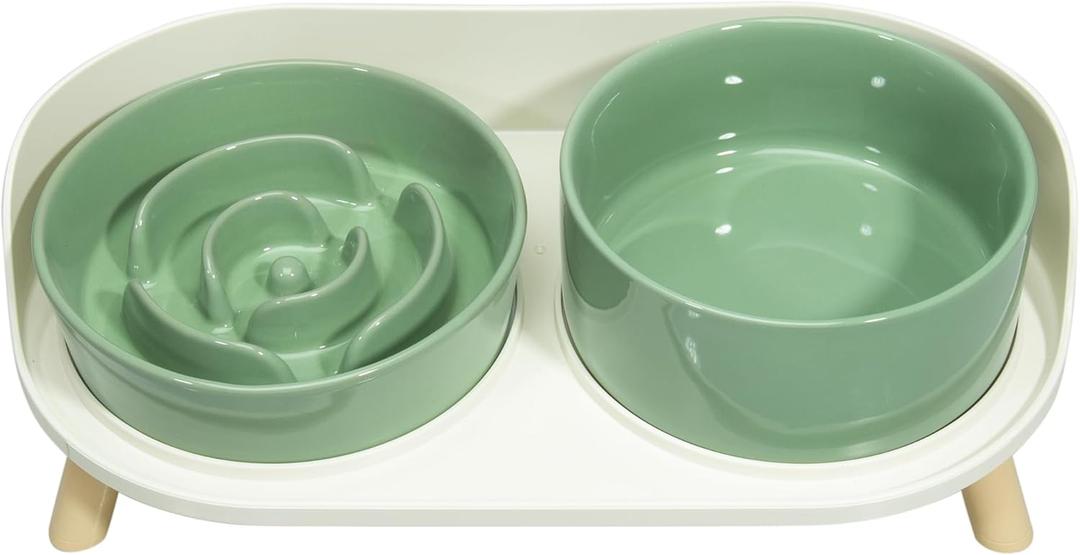 Elevated Slow Feeder Dog Bowls - Ceramic Food and Water Bowl Set with Stand - Raised Pet Dishes for Small and Medium Sized Dogs (Green)