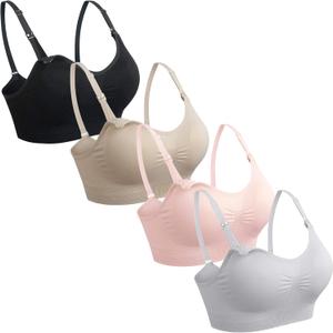 GXXGE 4Pack Nursing Bra for Breastfeeding Maternity Bras Push Up Silk Seamless Pregnancy Bralette Underwear (4pcs (Black Beige Grey Pink)) XL
