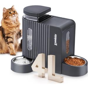 ZOMISIA Gravity Cat Food and Water Dispenser Set with 304 Stainless Steel Bowls, 2 in 1 Automatic Cat Feeder with 180 Degree Rotatable Water Bowl, Large Capacity for Puppy Kitten Rabbits, Grey