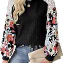 Floral Tops for Women Patchwork Long Sleeve Ribbed Blouses Crewneck Striped Crochet Print Shirts Lace Knit Sweaters (X-Large, Black)