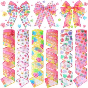 6 Rolls 30 Yards Valentine's Day Ribbons Conversation Heart Wired Wrapping Crafts Valentine Edge Ribbon Wreath Decorations for Gift Wrap DIY Crafts Wedding Birthday Party Decoration (pink, purple, yellow, green, red)