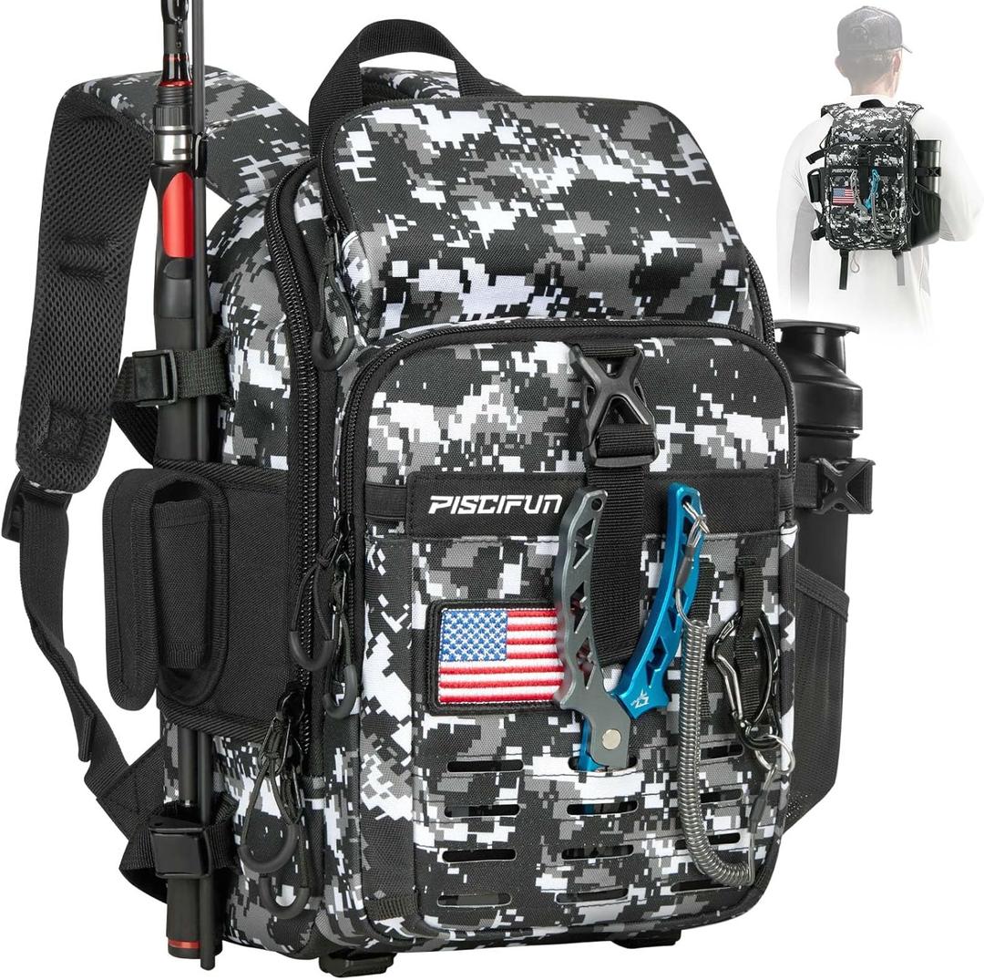 Piscifun Fishing Tackle Backpack with Rod & Gear Holder, Lightweight Fishing Tackle Storage Bag with Protective Rain Cover