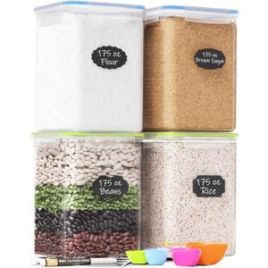 Chef's Path Kitchen Storage Box Set of 4 Extra Large Airtight Food Storage Jars for Sugar Flour Cereal Rice - Measuring Spoons, Pen and Food Preservation Labels (5.2 L)
