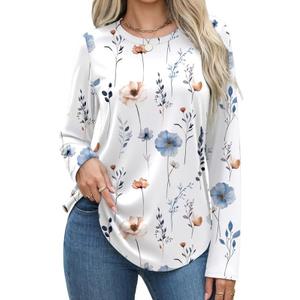 Women's Long Sleeve Shirts Basic Tee Fall Trendy Spring Top Dressy Casual Crew Neck Work Tunic 2025 Fashion Outfits (Small, 1268-white Floral)