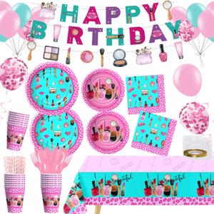 Makeup Spa Birthday Party Supplies For Girls, Spa Day Makeup Party Decorations, Paper Plate, Cup, Napkin, Disposable Cutlery, Garland Banner, Tablecloth, Balloon, Serves 24