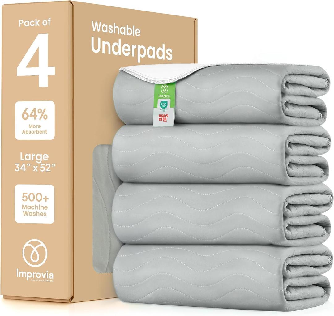 IMPROVIA® Washable Underpads, Heavy Absorbency Reusable Incontinence Pads
Kids, Adults, Elderly, and Pets, Waterproof Protection Floor - Gray & White, 34"x52" (Pack of 4)