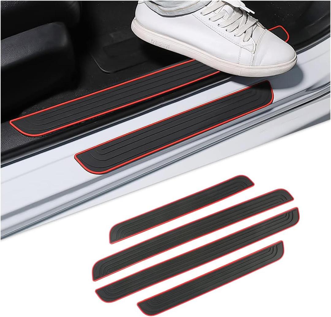 4PCS Car Door Sill Plate Protectors, Auto Door Entry Guards Sill Scuff Cover Panel Step Protector, PVC Rubber Anti-Scratch Front Rear Door Pedal, Car Accessories for Most Vehicles (Black/Red)