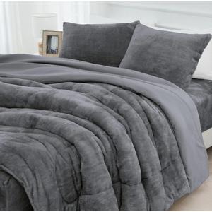 HCORA Faux Fur Comforter Set with Fitted Sheet - Luxury Ultra Soft Fluffy Fuzzy Queen Comforter Set, Cozy Warm Plush Bedding Comforter for Winter, 4 Pcs(1 Comforter +1 Fitted Sheet + 2 Pillowcases)