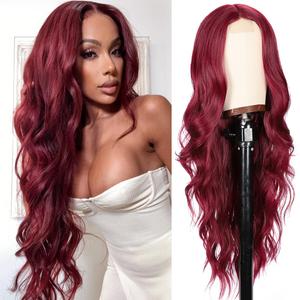 Colorful Queen 99j Burgundy Wig Glueless Long Wavy Synthetic Red Wigs for Women 26 Inch Curly Wig Put on and Go Burgundy Colored Wigs for Cosplay Daily Use