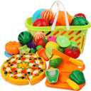 Cutting Play Food Set Kitchen Pretend - 40pcs Grocery Basket Toys Food for Kids Toddlers Girls Boys Educational Fake Fruits Vegetables Pizza Knife Dishes Playhouse Accessories Xmas Gifts