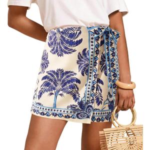 Womens Wrap Mini Skirt Boho Floral Printed Knot Side High Waist A Line Casual Summer Beach Short Skirt (L)