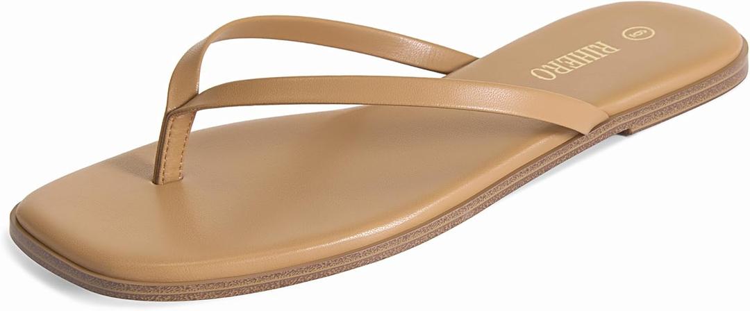 Rihero Flip Flops for Women Dressy Beach Sandals Wide Width Square Toe Comfort Slip On Thong Flat Sandals Taupe Size 9